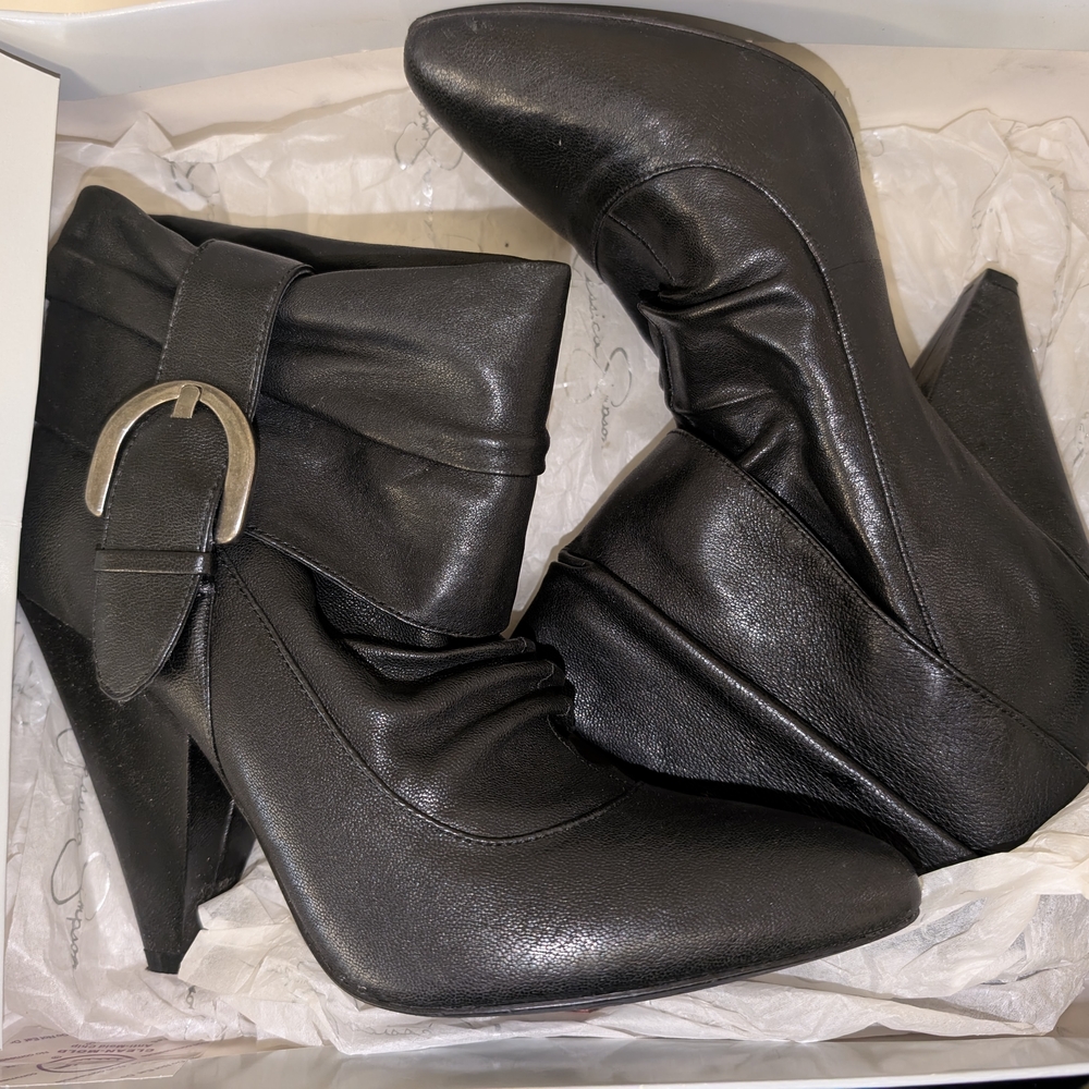 Like New Jessica Simpson Black Heeled Boots with Buckle Detail